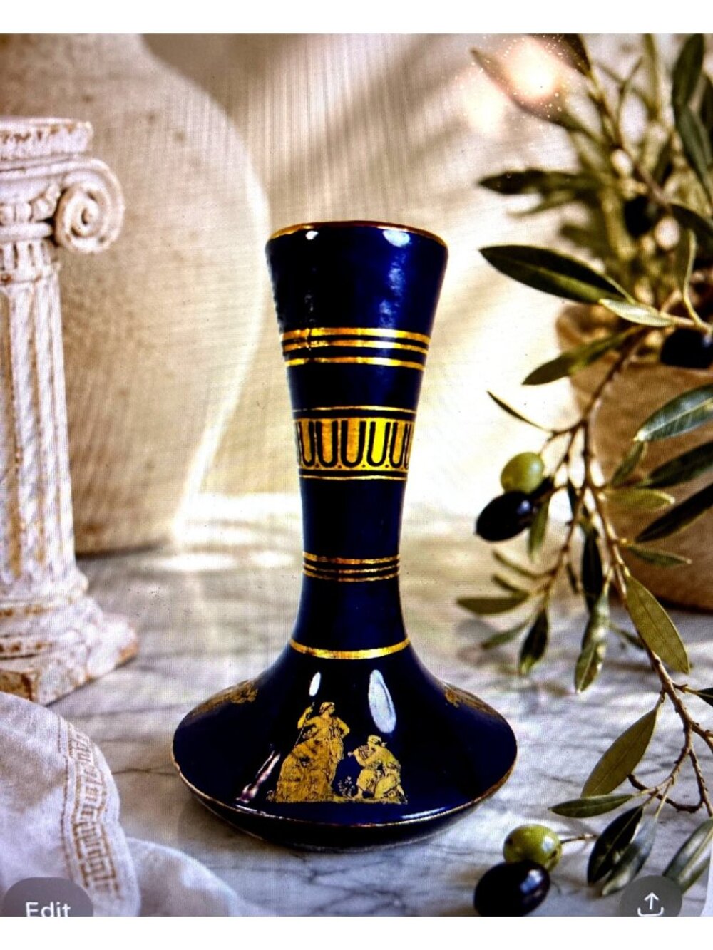 Vintage Greek Cobalt Blue 24K Gold Bud Vase - Picture 9 of 11
